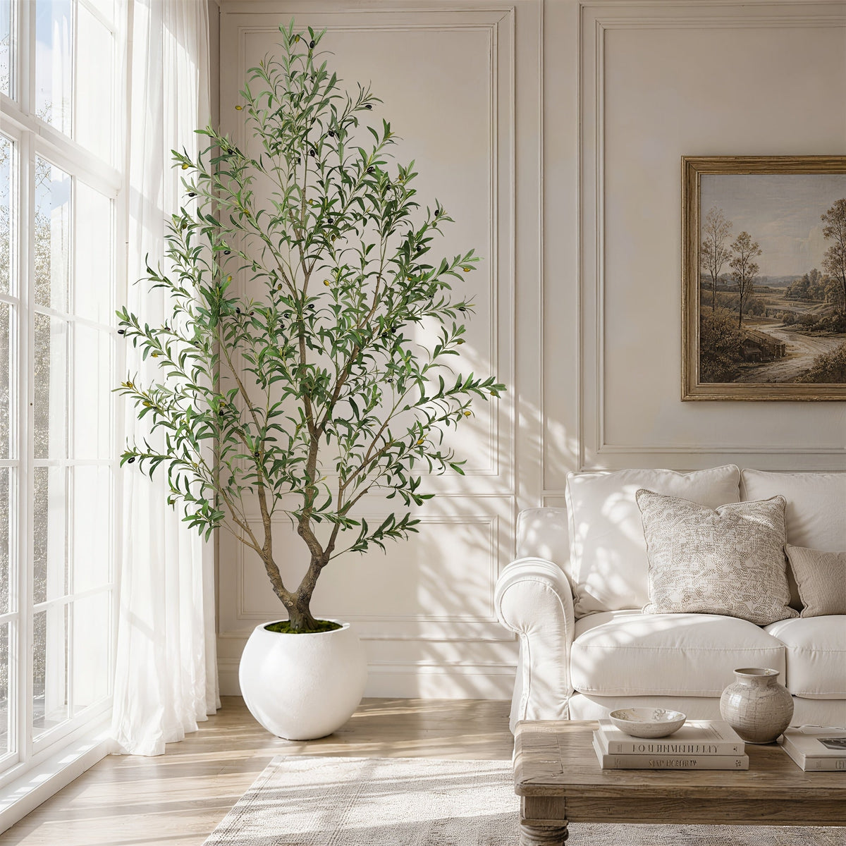 Artificial Olive Tree 5-8FT Tall Potted Faux Olive Floor Plant with Lifelike Leaves & Black Fruits, Decorative Fake Indoor Tree with White or Black Round Planter for Living Room Office Home Decor
