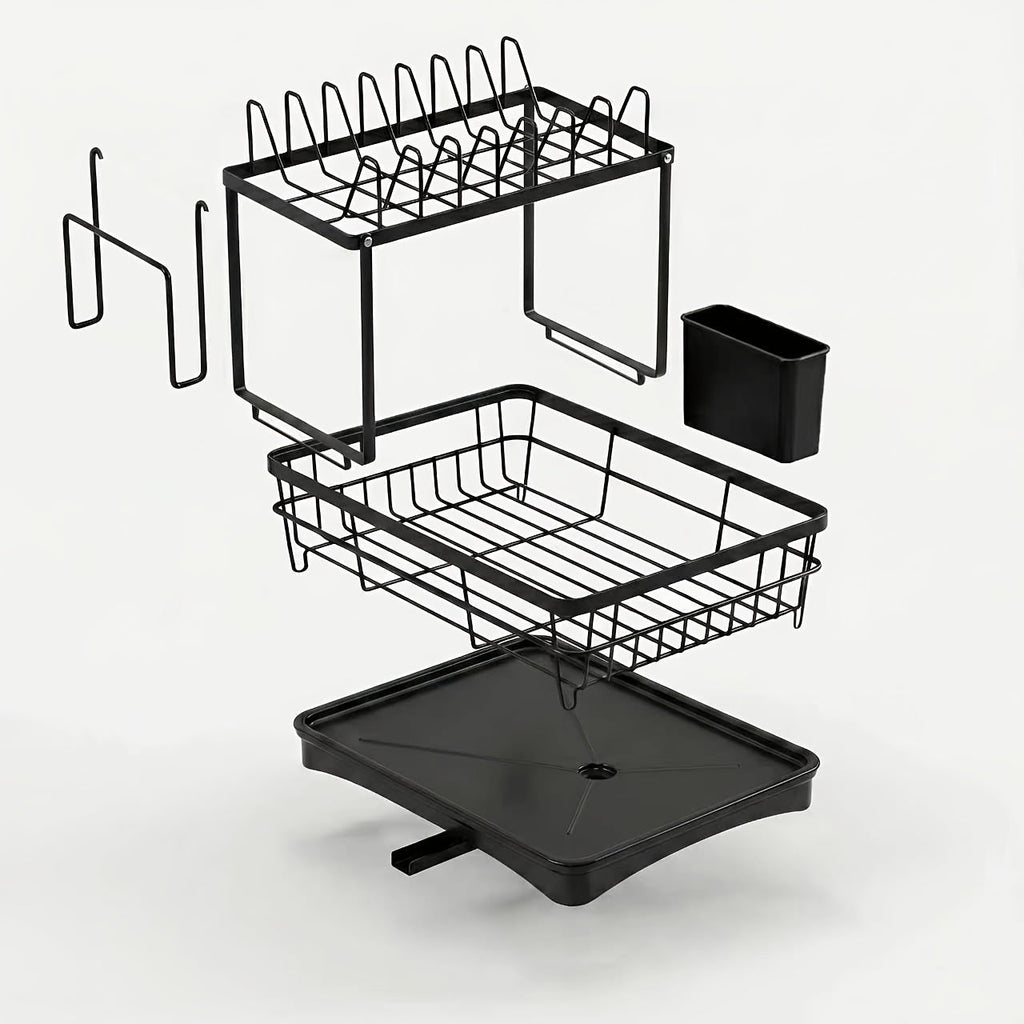 2-Tier Dish Drying Rack for Kitchen Counter with Drainboard, Drain Mat, Knife, Fork, and Cup Holder, Utensil Organizer, Dish Drainer, Kitchen Gadget Gift for Women, Mother's Day