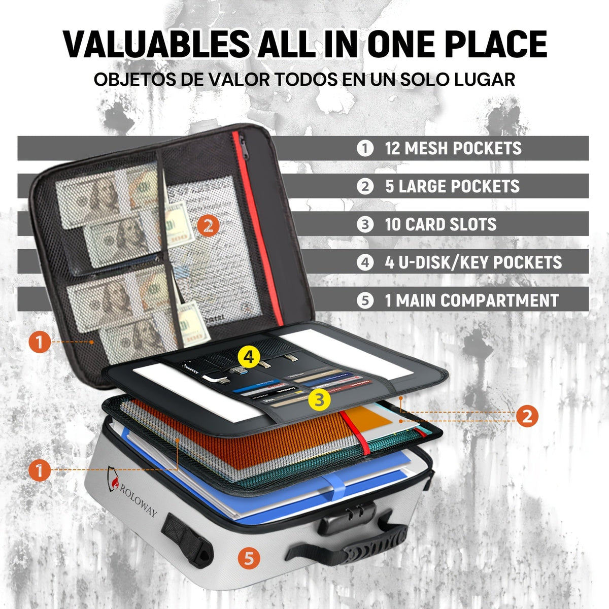 Fireproof Document Bag with Combination Lock & Reflective Strip – 17x11.8x5 Inch Multi-Layer File Organizer for Passports, Cash, Cards, Certificates, A4 & Legal Size Documents – Ideal for Home, Office, and Travel Safety