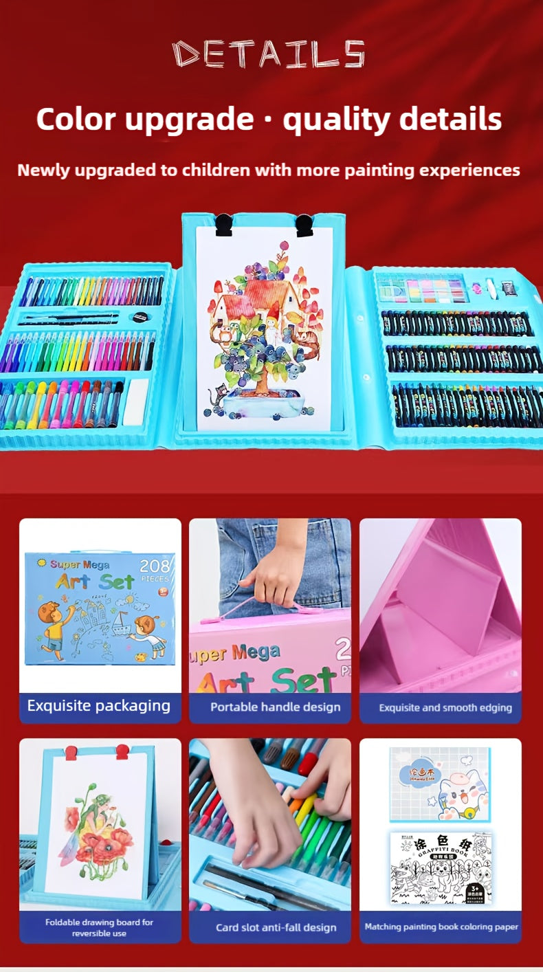 228-Piece Kids Art Painting Set with Easel, Complete Beginner Drawing Kit for Children Ages 3-12, Includes Sketchbook, Coloring Book, Acrylic Markers, Watercolor Pens, Oil Pastels, Colored Pencils & Eraser