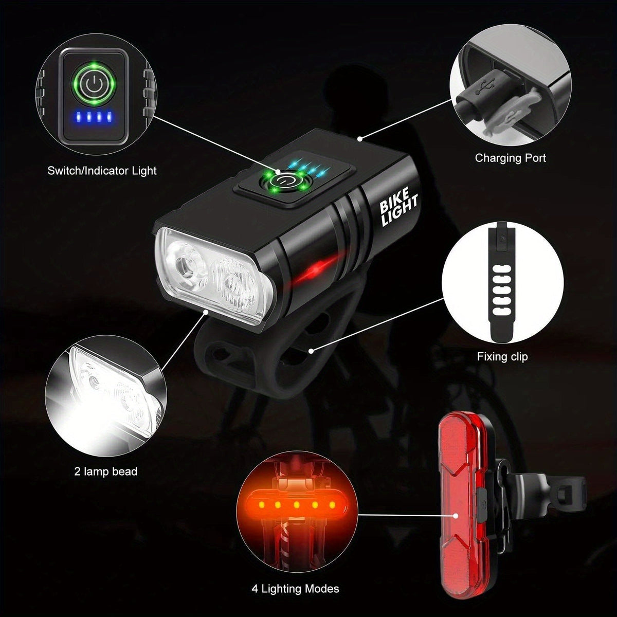 LED Bike Light Set USB-C Rechargeable 1500 Lumens – Front & Rear Bicycle Lights, 6+4 Modes, Waterproof, Power Display, Fast Charging, Safe Night Cycling Lights for Road and Mountain Bikes