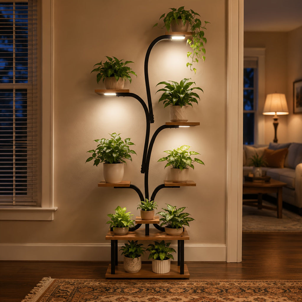 8-Tier Indoor Plant Stand with Grow Lights – Tall Metal Plant Rack with Wooden Shelves Full Spectrum LED Timer for Living Room Bedroom Balcony