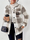 Women's Plush Winter Jacket, Soft Suede PU Fabric Plaid Pattern Coat, Fall Winter Warm Outerwear, Khaki, Black, Green, Pink, Yellow, Gray, S, M, L, XL, XXL