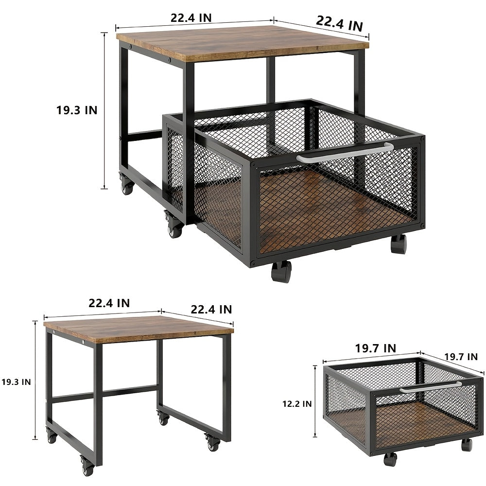 Mini Fridge Stand with Wheels 20x20 Inch Heavy Duty Rolling Cart, Large Capacity Storage Shelf with Basket for Drinks, Multi-Use as Side Table End Table Bedside Table for Home Office Bedroom