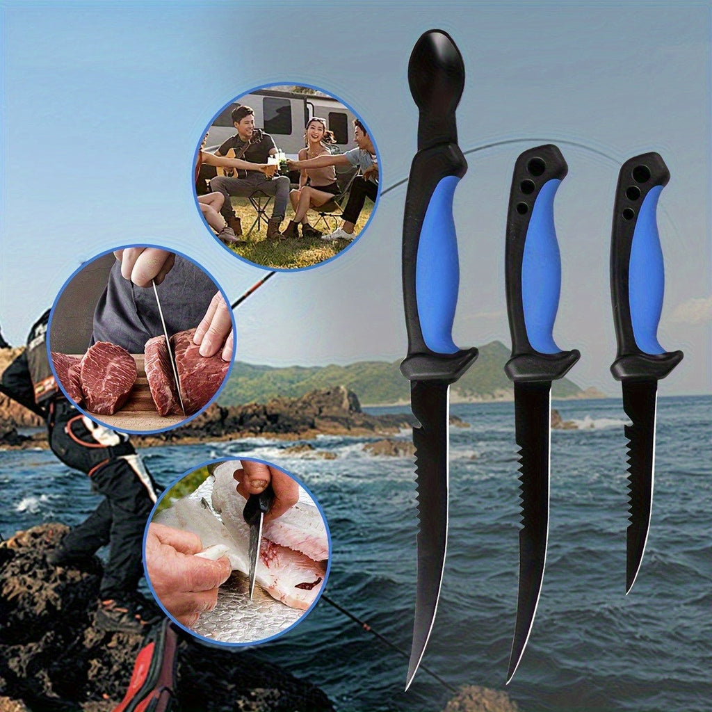 3-Piece Fishing Knife Set with Stainless Steel Blades, Fish Fillet, Boning, and Gutting Knives with Cut-Resistant Gloves, Fishing Line Cutter & Cord – Unique Fishing Gift for Anglers & Campers
