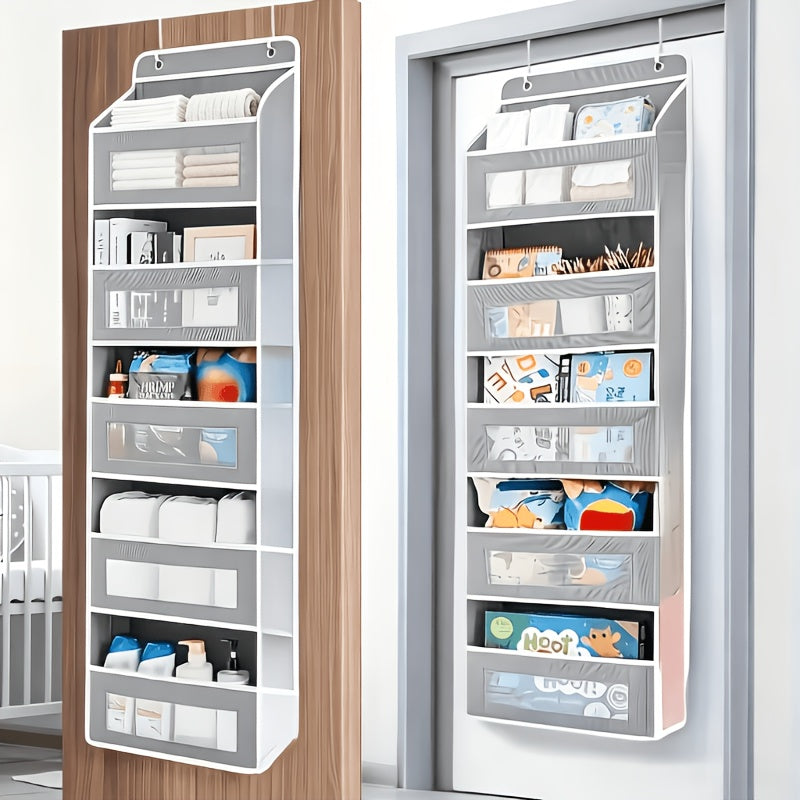 5-Layer Behind-Door Storage Rack - 44LB Load-Bearing, No-Drill Anti-Tilt Hanging Organizer - Multifunctional Plastic Storage for Bedroom, Bathroom, Kitchen & Wardrobe - Grey