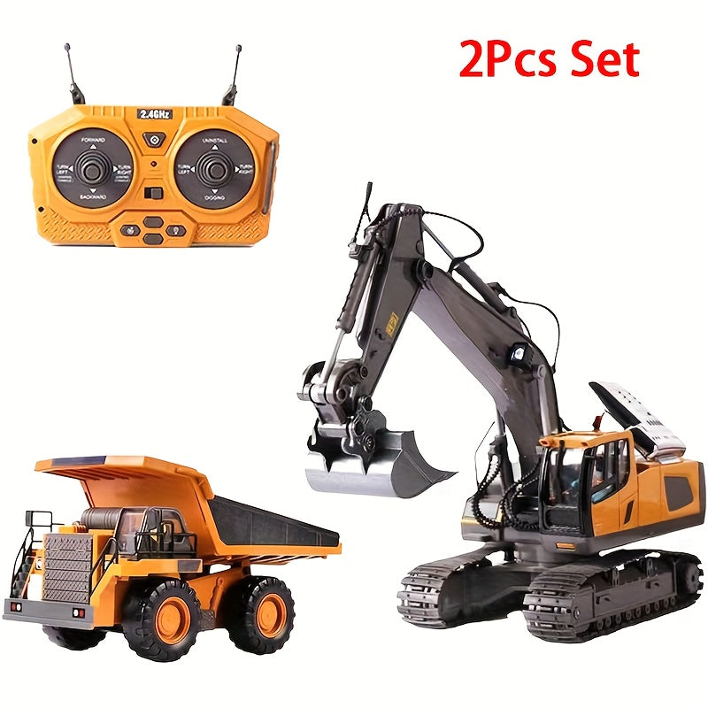 Remote Control Excavator Toy Set with Metal Shovel, LED Lights, 1200mAh Battery, RC Construction Truck, Bulldozer, Dump Truck, and Loader Combo for Boys Ages 6 and Up, Birthday or Christmas Gift