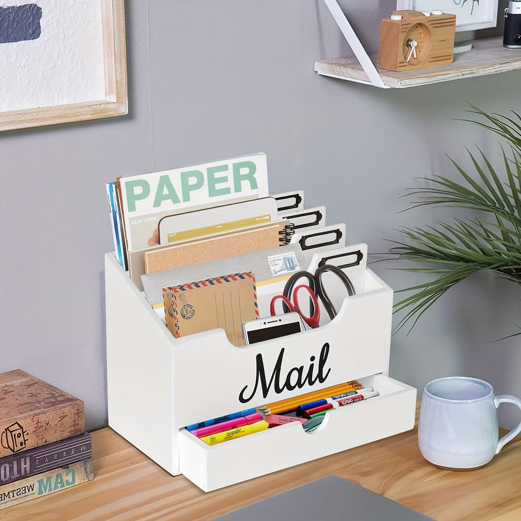 Large Solid Wood Desktop Mail Organizer with Drawer and 4 Compartments, Labelable Dividers for Files, Letters, and Paper Folders, Desk Organizer for Home Office, Students, and Professionals