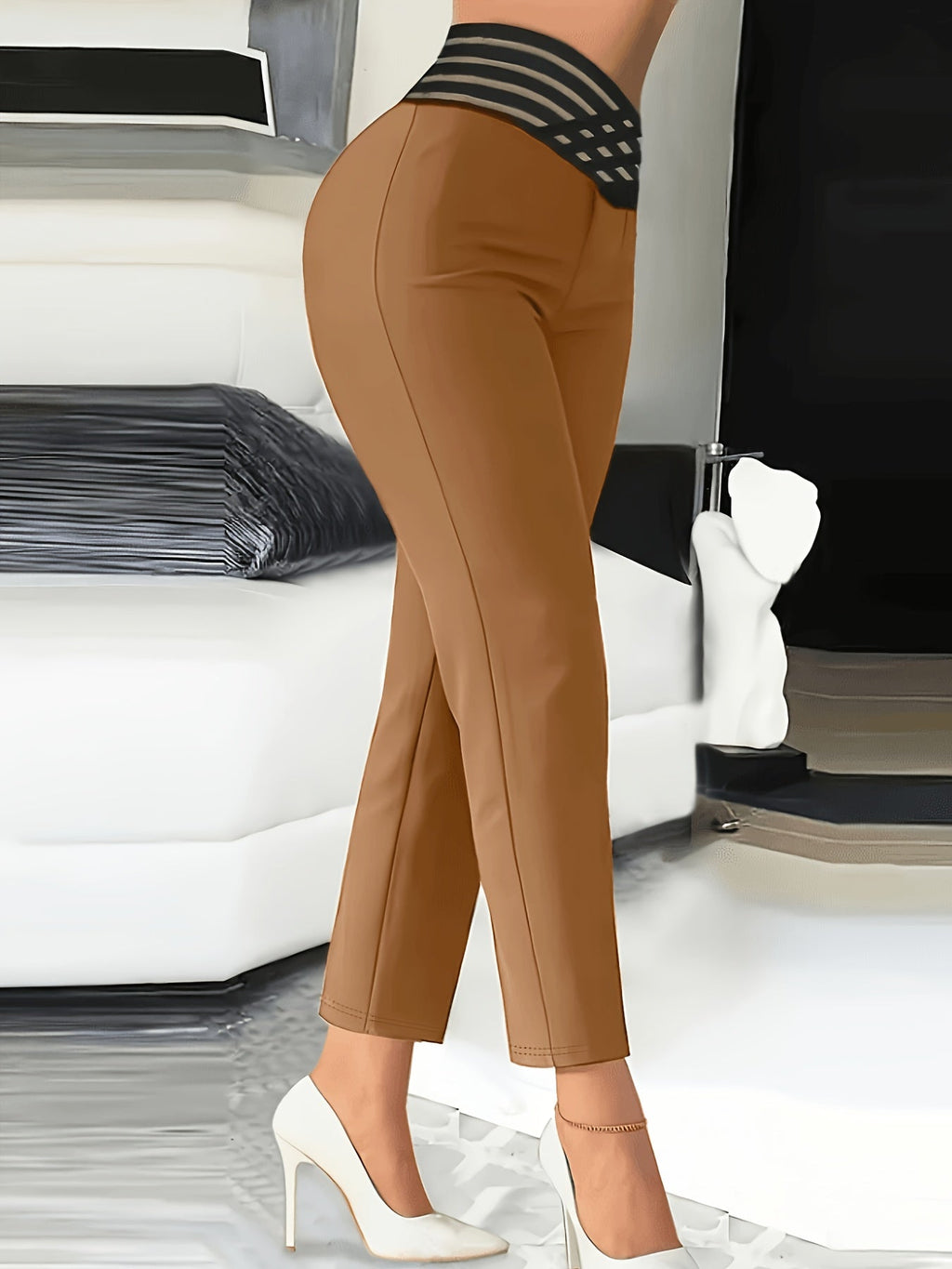 Women's High-Waisted Pencil Pants with Fabric Belt Solid Color Cropped Ankle Trousers - Slim Fit Work Office Casual Pants for Spring Fall All Seasons
