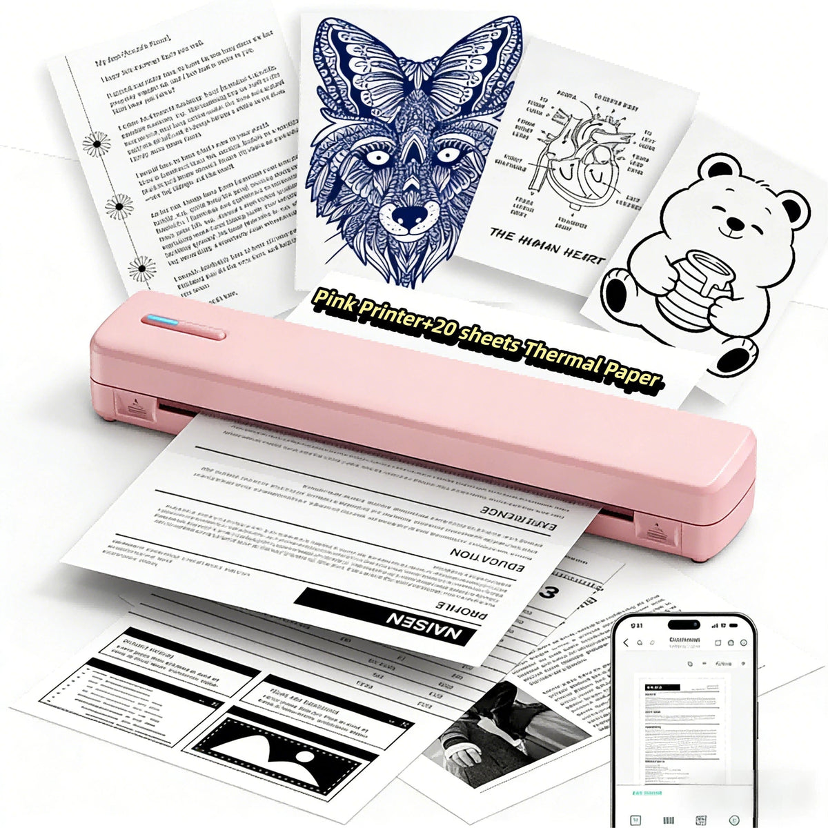 Portable Wireless A4 Thermal Printer – Inkless Compact Travel Printer for iPhone, Android, and Laptop – Supports Folded Paper, Roll Paper, and Tattoo Transfer Paper – Ideal for Home, Office, and School
