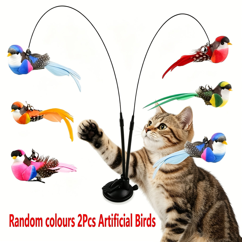 Interactive Cat Feather Bird Teaser Toy with Suction Cup Base – Hands-Free Dual-Rod Cat Wand Toy, Battery-Free Indoor & Outdoor Cat Toy, Non-Toxic Polyester, 2 Artificial Birds Included, Mixed Colors