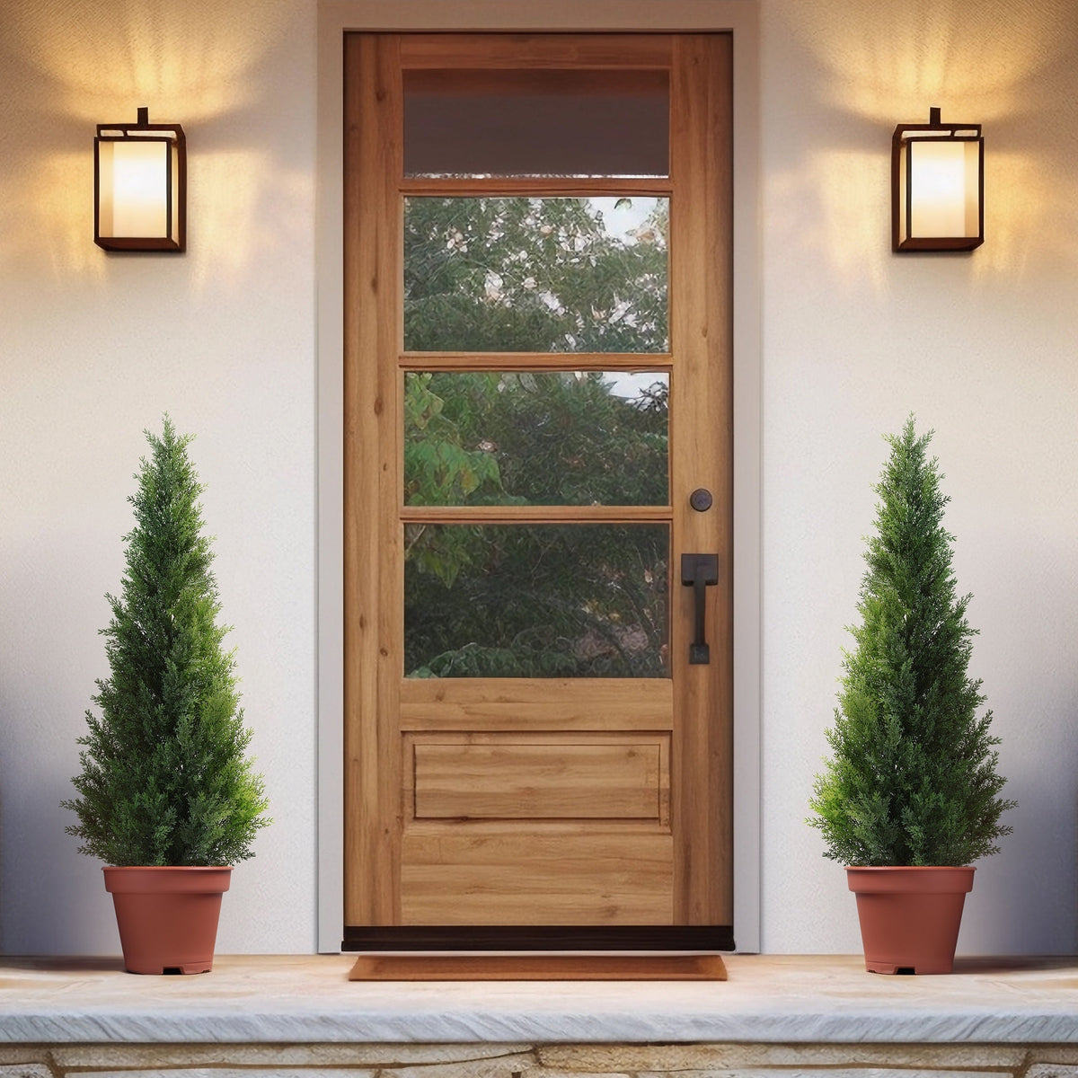 Artificial Topiary Cedar Tree - UV-Rated, 3 / 4 / 5ft, 1pc or 2pcs - Concrete Base, Faux Pine Shrub - Front Porch, Home & Office Decor