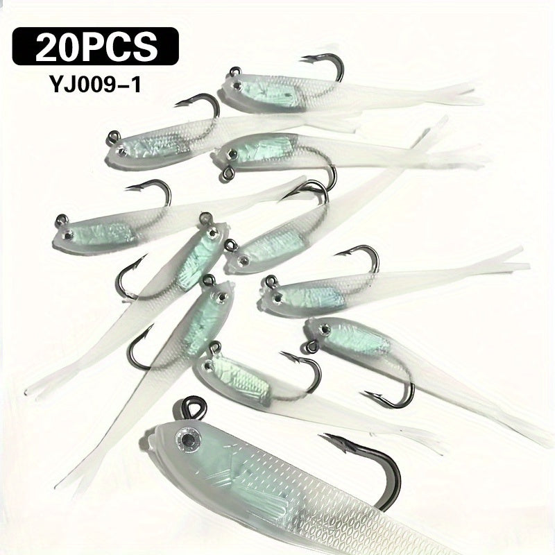 20pcs Bionic Soft Fishing Lures with Hook – Realistic Gray Fish Bait for Bass, Sea Bass, and Snakehead, Lead-Weighted Freshwater and Saltwater Fishing Lure Set