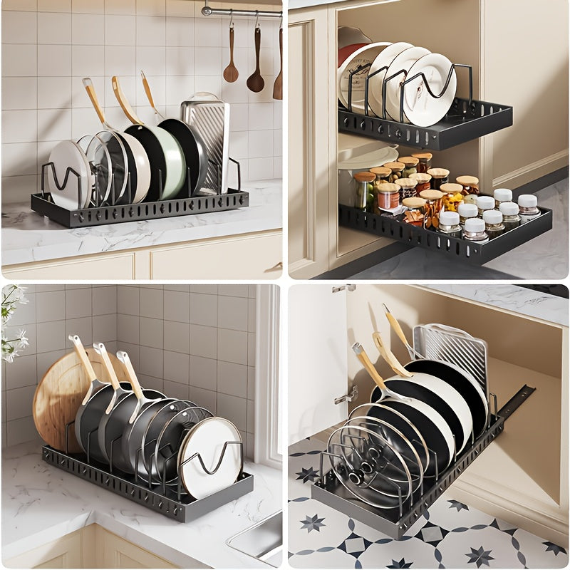 Pull-Out Pot & Pan Organizer Rack for Under Cabinet – Slide-Out Lid Holder with 8 Adjustable Compartments, Drill-Free Installation, Kitchen Cabinet Cookware & Baking Sheet Organizer – 1pc or 2pcs
