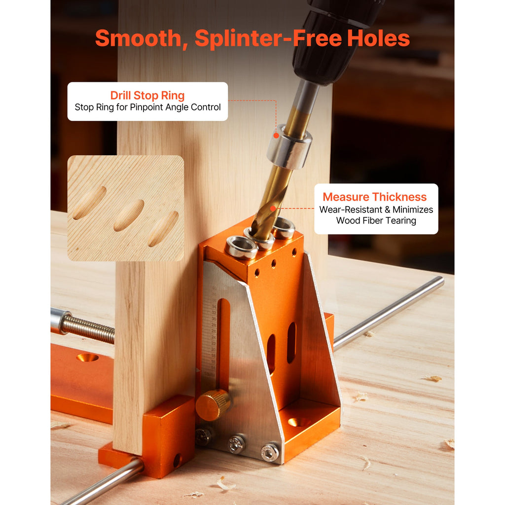 VEVOR Pocket Hole Jig Kit - 1/2" to 1-1/2" Adjustable Depth, CNC Aluminum Body, 2-in-1 with C-Clamp, Titanium-Coated Step Drill, Drill Stop Ring & Toolbox - Woodworking for Beginners & Pros