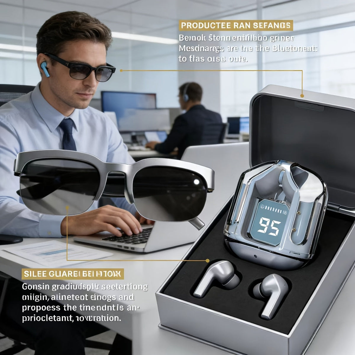 AI Translation Smart Glasses with Wireless Headphones, Real-Time Multi-Language Translator, Built-in Microphone, Music Audio Glasses, Rechargeable Sports Wearable Tech for Travel and Business