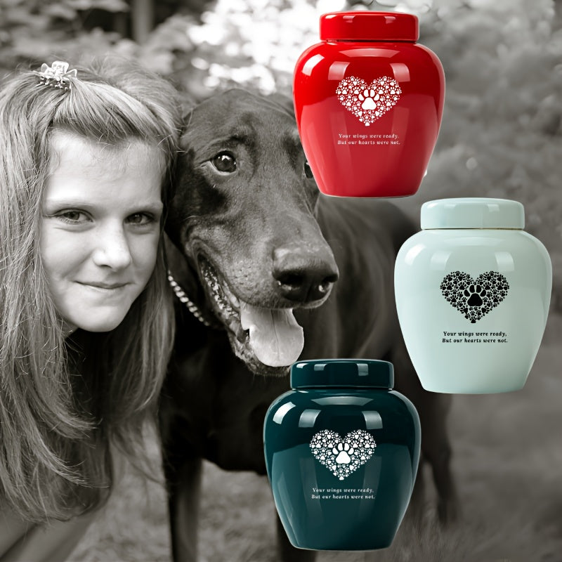 Large-Capacity Ceramic Pet Memorial Urn - High-Grade Dog and Cat Cremation Keepsake Urn, Engraved with "Your Wings Were Ready But Our Hearts Were Not," Durable Pet Loss Grief Comfort Urn, Dark Green