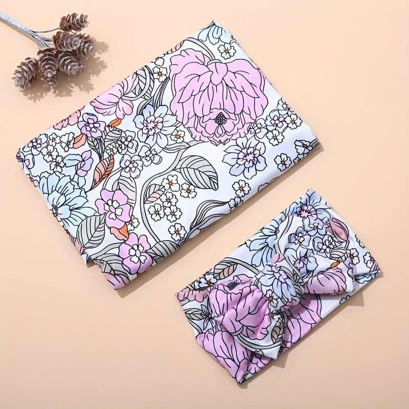 2-Piece Baby Wrap & Headband Set, Soft Floral Baby Girl Hair Wrap & Headband Accessory Set, Safflower, Orange Blossom & Purple Flower