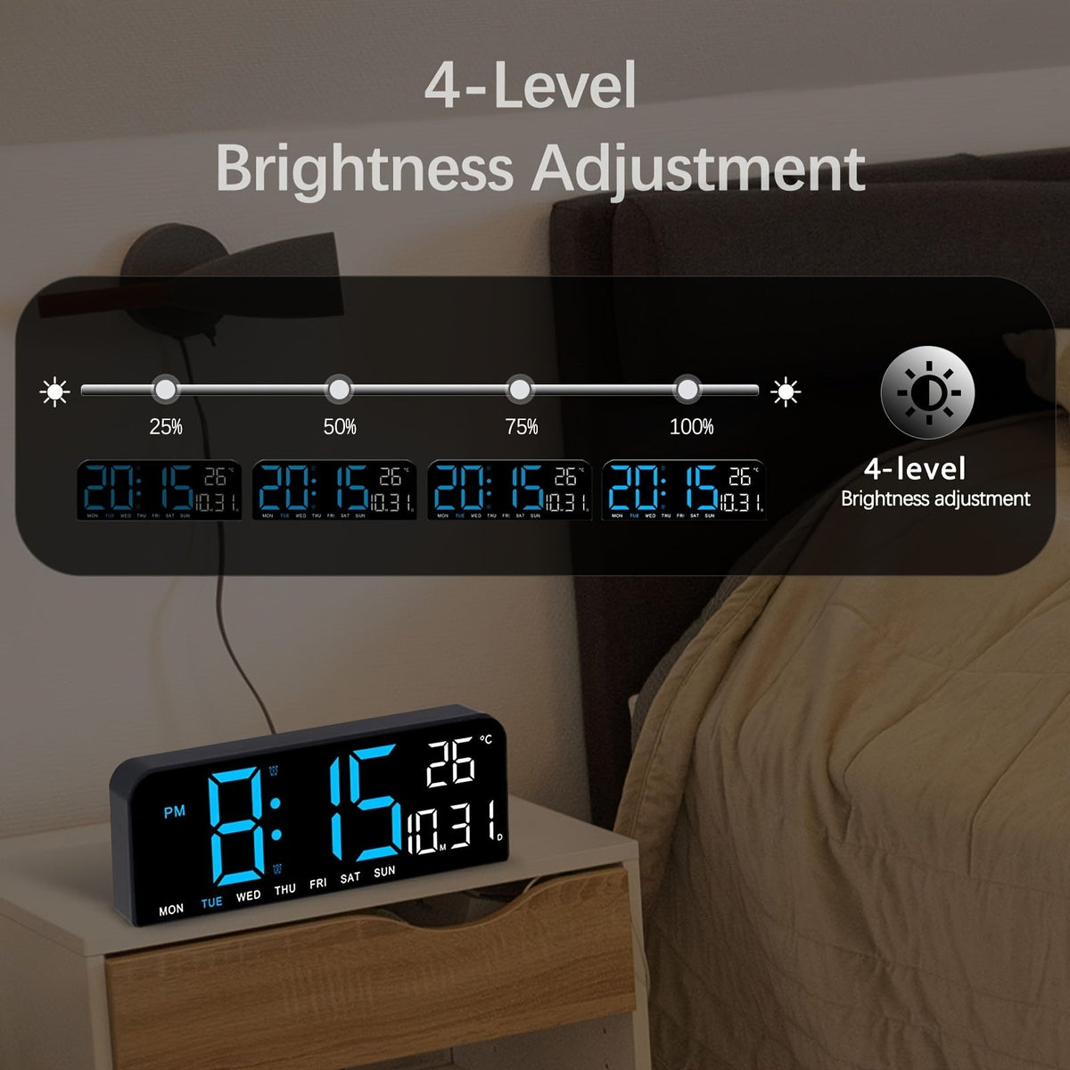 Large Screen LED Alarm Clock with Auto-Dimming and Remote Control – 15-Inch Digital Clock Displays Time, Date, Day of the Week, Temperature, and Humidity – Ideal Bedroom Bedside Clock for Seniors, Living Room, and Office Desk