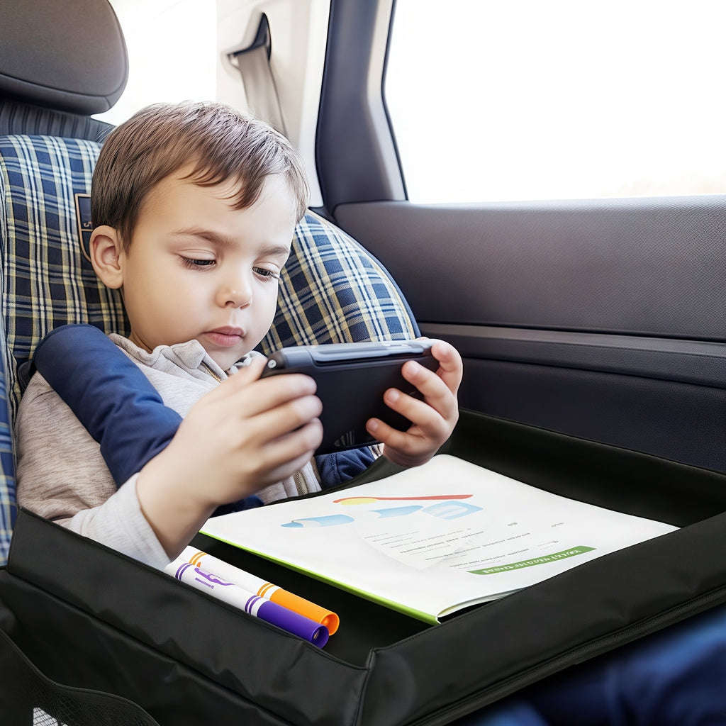 Foldable Kids Car Seat Travel Tray with Storage Pockets, Expandable Polyester Backseat Organizer for Children, Lightweight Lap Desk for Car, Airplane & Home Use, 1 or 2 Pack
