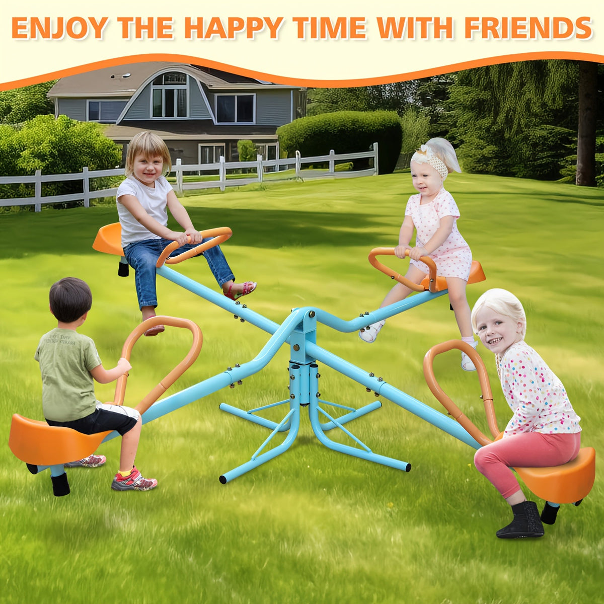 Kids 360-Degree Rotating Seesaw, 2-Seat or 4-Seat, Metal Frame, Outdoor Play Equipment, Rotating Swing Ride-On, for Playground, Backyard & Garden, Blue