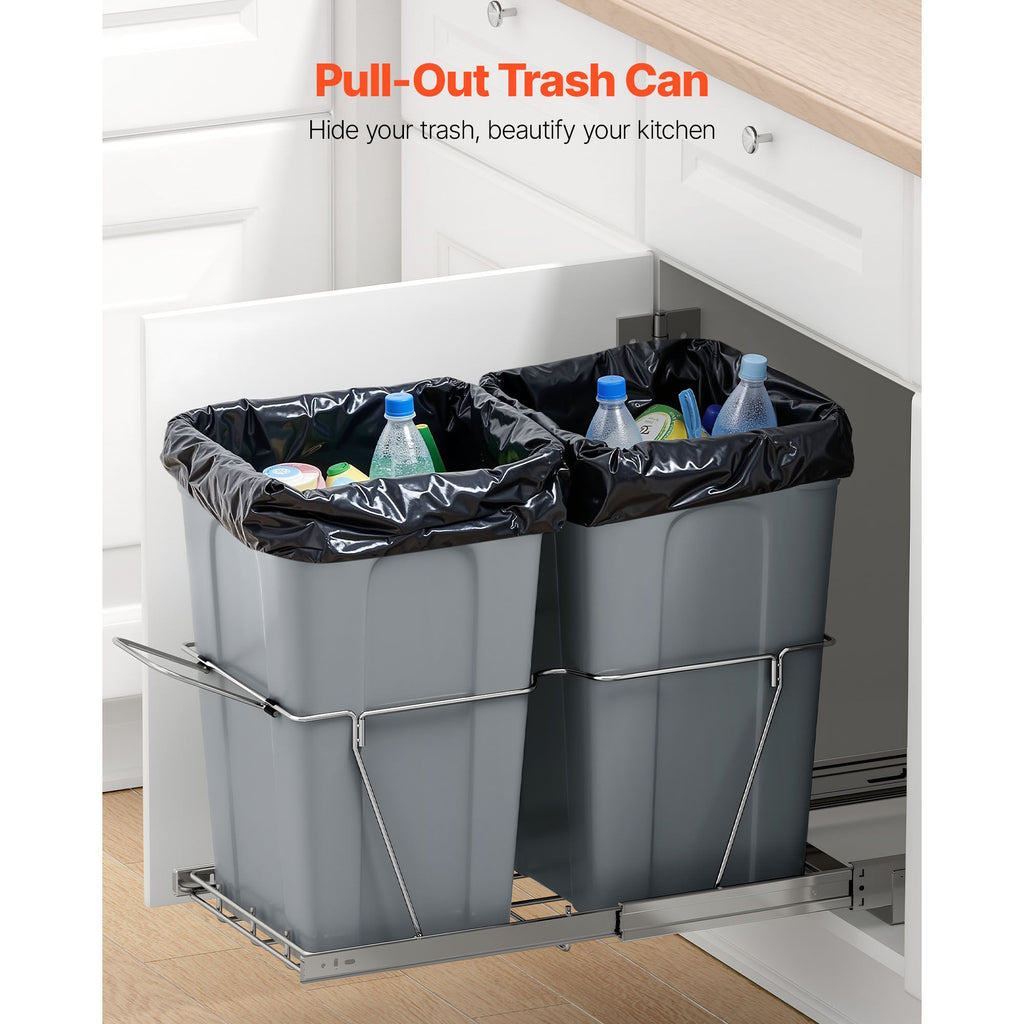 Double Pull-Out Trash Can for Kitchen Cabinets, 27+27 QT (54 QT Total), Full-Extension Steel Ball Rails, Iron Bracket, Handle, Under-Sink Garbage & Recycling Bin, Hidden Under-Cabinet Mount