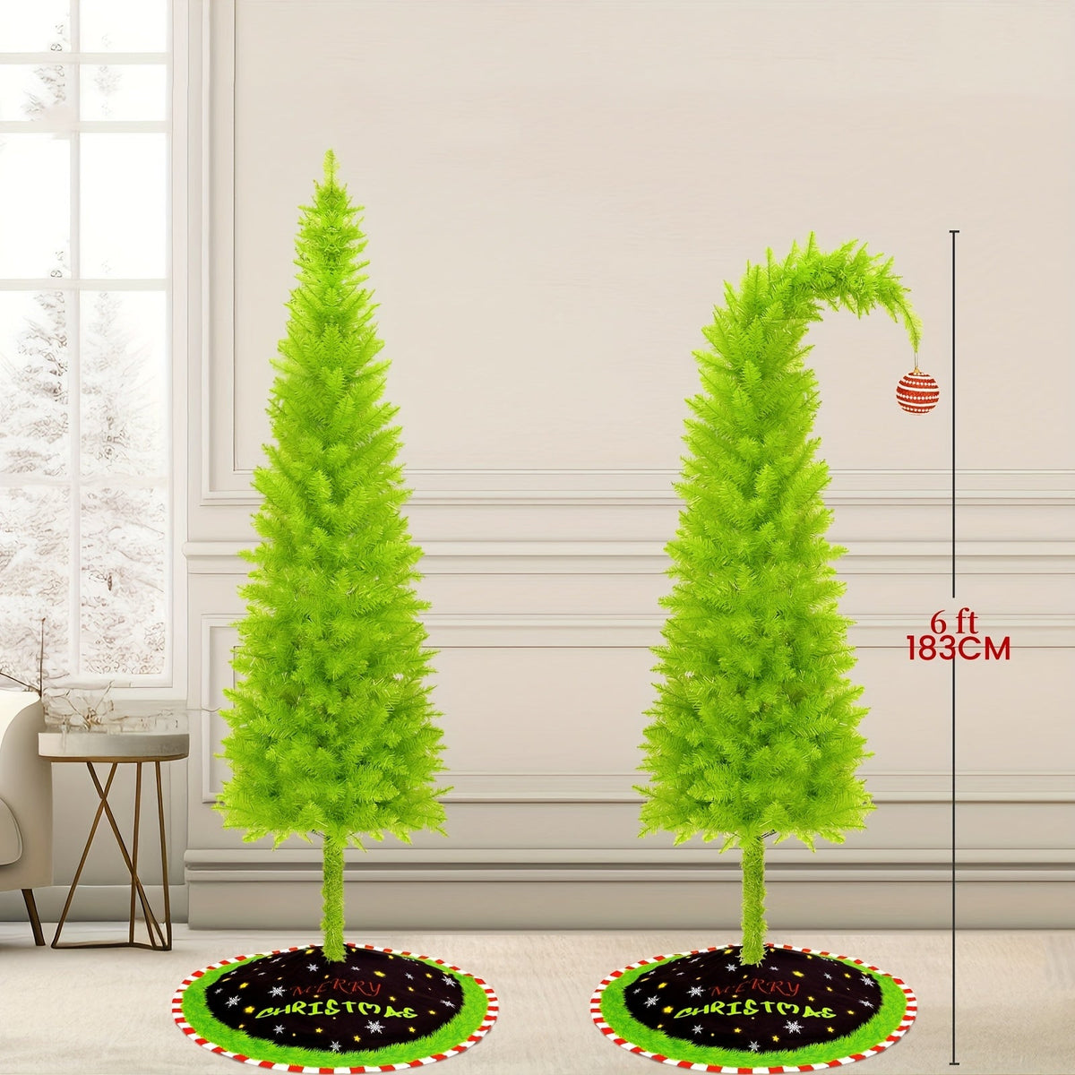 6-Foot Bendable Artificial Christmas Tree with String Lights, Tree Skirt, Christmas Balls & Stand - Shop Window & Party Decoration - Green