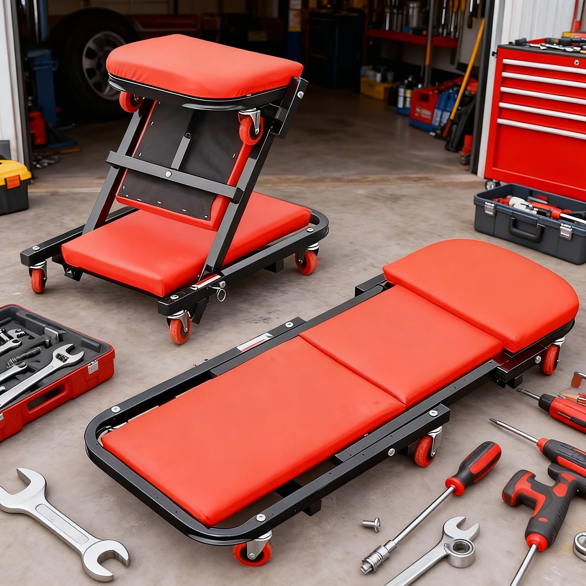 Mechanic Creeper Stool Z-Shape | Foldable 3-in-1 Creeper, Non-Foldable & Sliding Stool | 300LB Capacity, 6 Swivel Casters, Thick Padded Cushion – Garage Rolling Seat, Gift for Men – Red & Grey