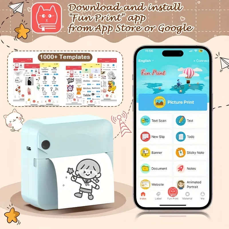 Portable Wireless Bluetooth Thermal Printer, Mini Pocket Printer, Ink-Free for Smartphones, Photos, Notes, Stickers, Diaries, Memos, Includes Thermal Paper Roll