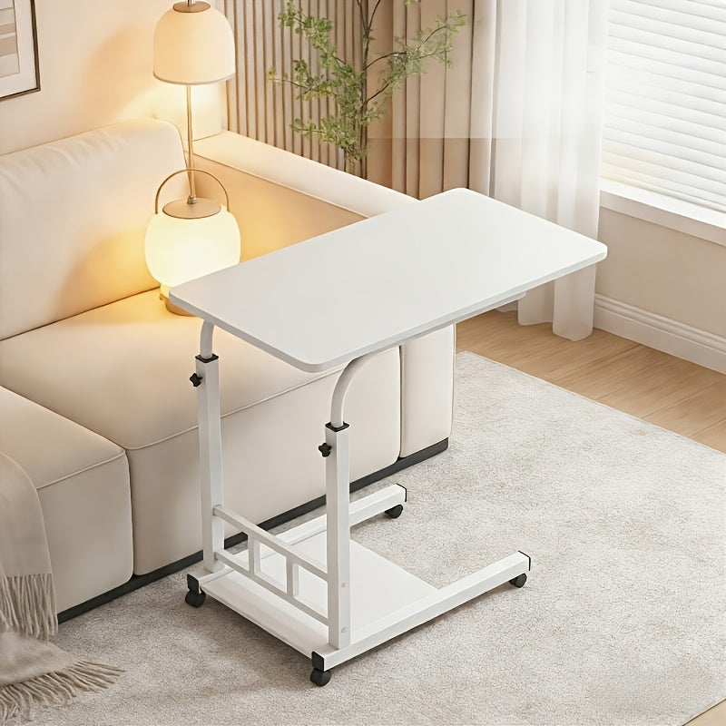Height Adjustable Rolling Laptop Table with 4 Wheels & Dual Shelves – Mobile Workstation Desk for Bedside, Dorm, Office, and Living Room, Sturdy Steel Frame, Space-Saving Design