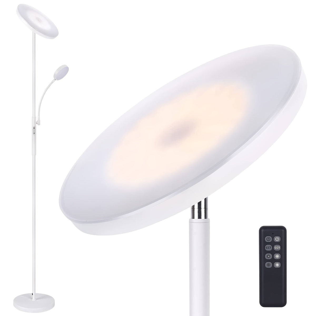 Dual-Function LED Floor Lamp 27W 2300LM Torchiere & 7W 350LM Reading Light 4 Color Temps Dimmable Remote & Touch Control for Home & Office – Black & White