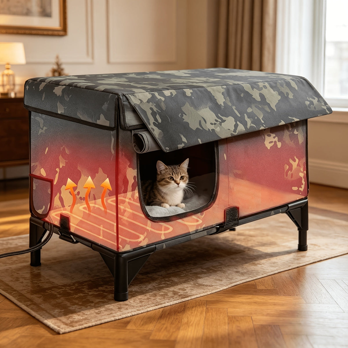 3-in-1 Heated Cat House with Removable Warming Pad & Elevated Bed – Chew-Resistant Cord, Double Door, All-Season Indoor/Outdoor Cat Shelter Cave Condo for Cats, Kittens & Small Dogs