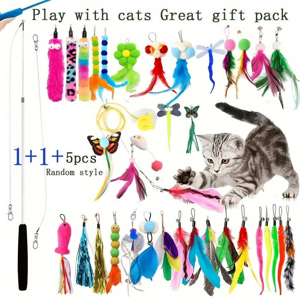 Interactive Cat Wand Toy Set: Retractable Rod with Assorted Feather Replacement Heads for Indoor Cat Exercise and Play (No Batteries Required). Available in sets of 5, 10, 15, 20, or 25 heads.