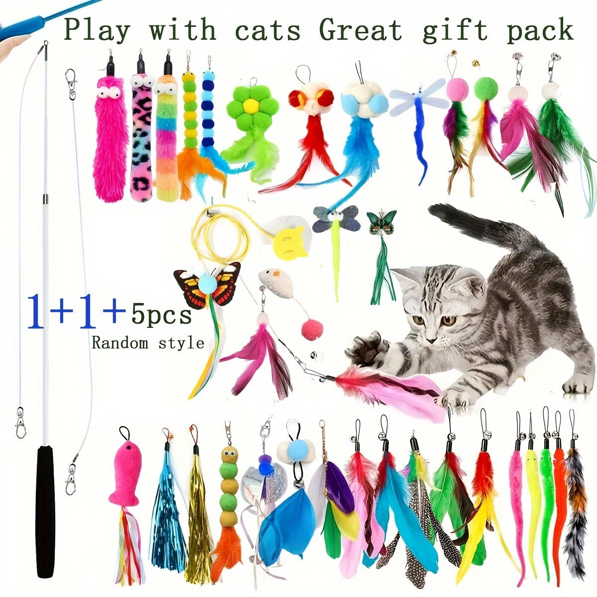 Interactive Cat Wand Toy Set: Retractable Rod with Assorted Feather Replacement Heads for Indoor Cat Exercise and Play (No Batteries Required). Available in sets of 5, 10, 15, 20, or 25 heads.