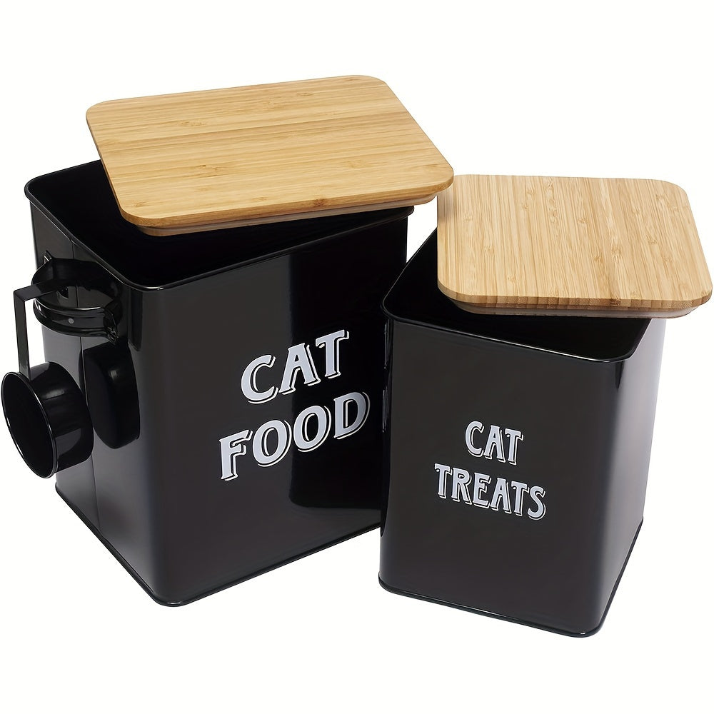 Metal Cat Food Storage Container with Scoop and Tight-Fitting Lid - Vintage Airtight Cat Treat Canister for Dry Cat Food - Stylish Pet Food Storage Tin with Locking Lid, Black