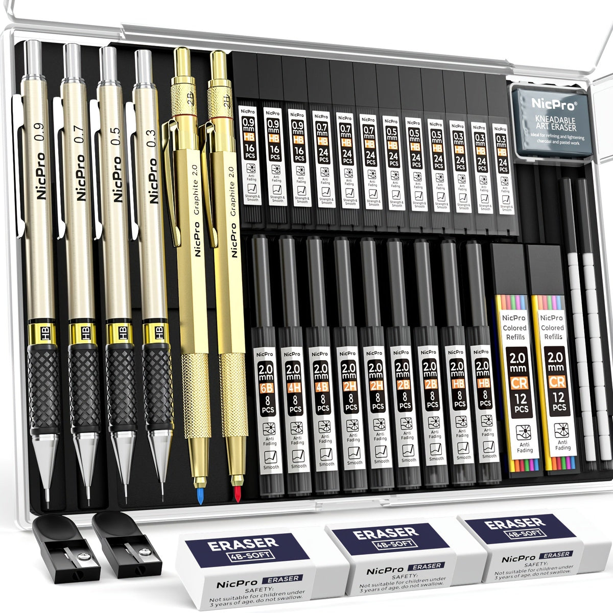 34-Piece Art Mechanical Pencil Set with Case: 6 Metal Drafting Pencils (0.5mm, 0.7mm, 0.9mm, 2mm), 19 Lead Refills, and Erasers for Sketching and Drawing Artists