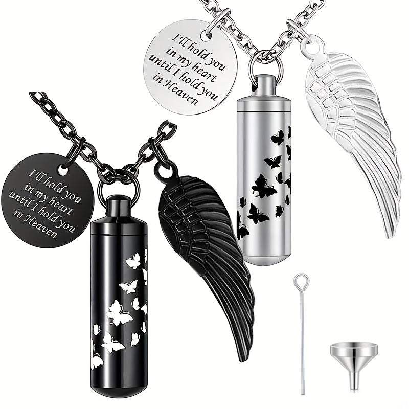 Cylinder Urn Necklace for Ashes - Stainless Steel Butterfly & Angel Wing Memorial Keepsake Pendant for Pet & Human Loss, Cremation Jewelry for Women, Men & Loved Ones (Silvery)