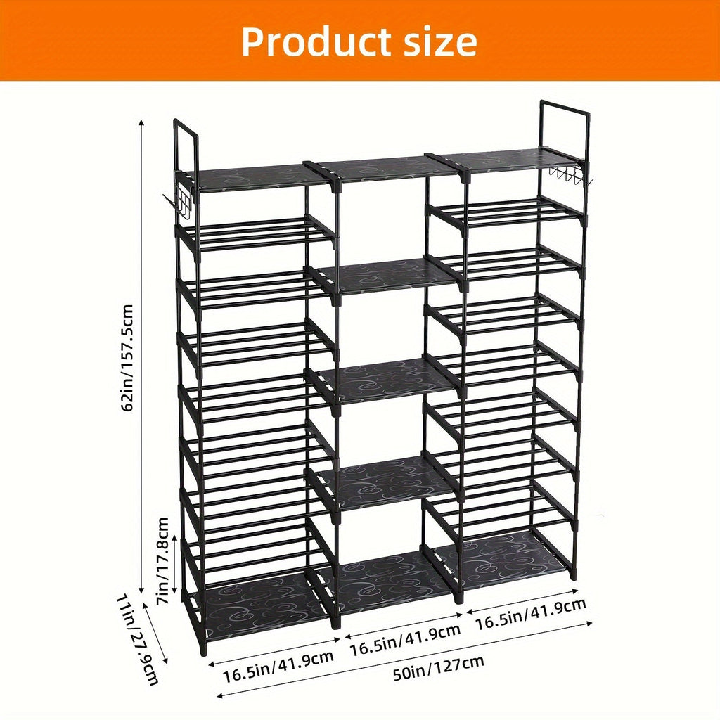 9-Tier Shoe Rack Organizer - 50-55 Pairs, Stackable Metal Shelf with Hooks - 129.5×26.9×155.4cm - Entryway, Bedroom & Closet Shoe Storage - Black