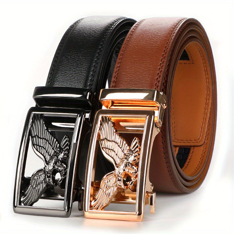 2pcs Men's Genuine Leather Belt Set with Automatic Ratchet Buckle – Adjustable Comfort Fit for 30"-44" Waist, Business & Casual Dress Belts in Black/Light Brown & Black/Dark Brown