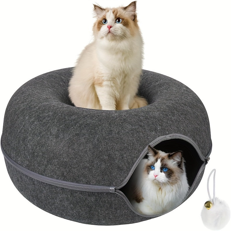 猫隧道床室内藏身处 - 甜甜圈猫窝四季通用折叠式猫隧道，带洞口，适合室内猫咪，柔软毛绒材质，深灰色与浅灰色，有20英寸和24英寸可选，理想的猫咪礼物