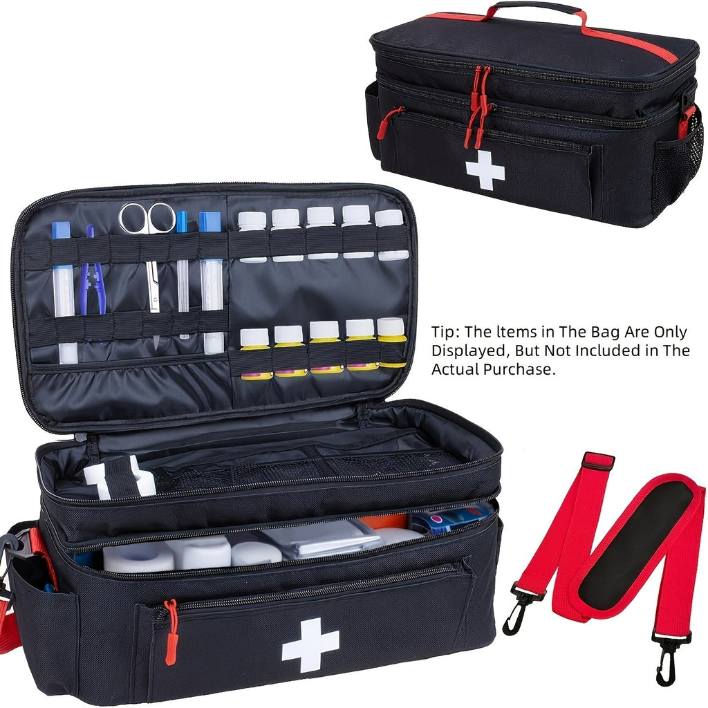Large First Aid & Emergency Bag with Shoulder Strap - Double-Layer, Multiple Compartments, Mini Compass Included, Portable Emergency Organizer - Red, Gray, Black (Empty Bag Only)