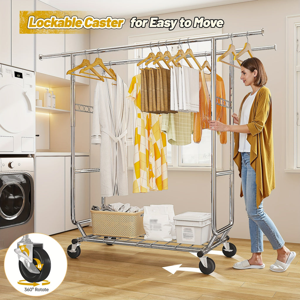 Rolling Clothes Rack, 630 lbs Capacity, 4 Omnidirectional Locking Wheels, Adjustable Height 58"-75", Extendable Width 51"-75", 1.5mm Thick Metal, Umbrella & Shoe Shelf, 10-Min Assembly, for Home, Laundry, Retail