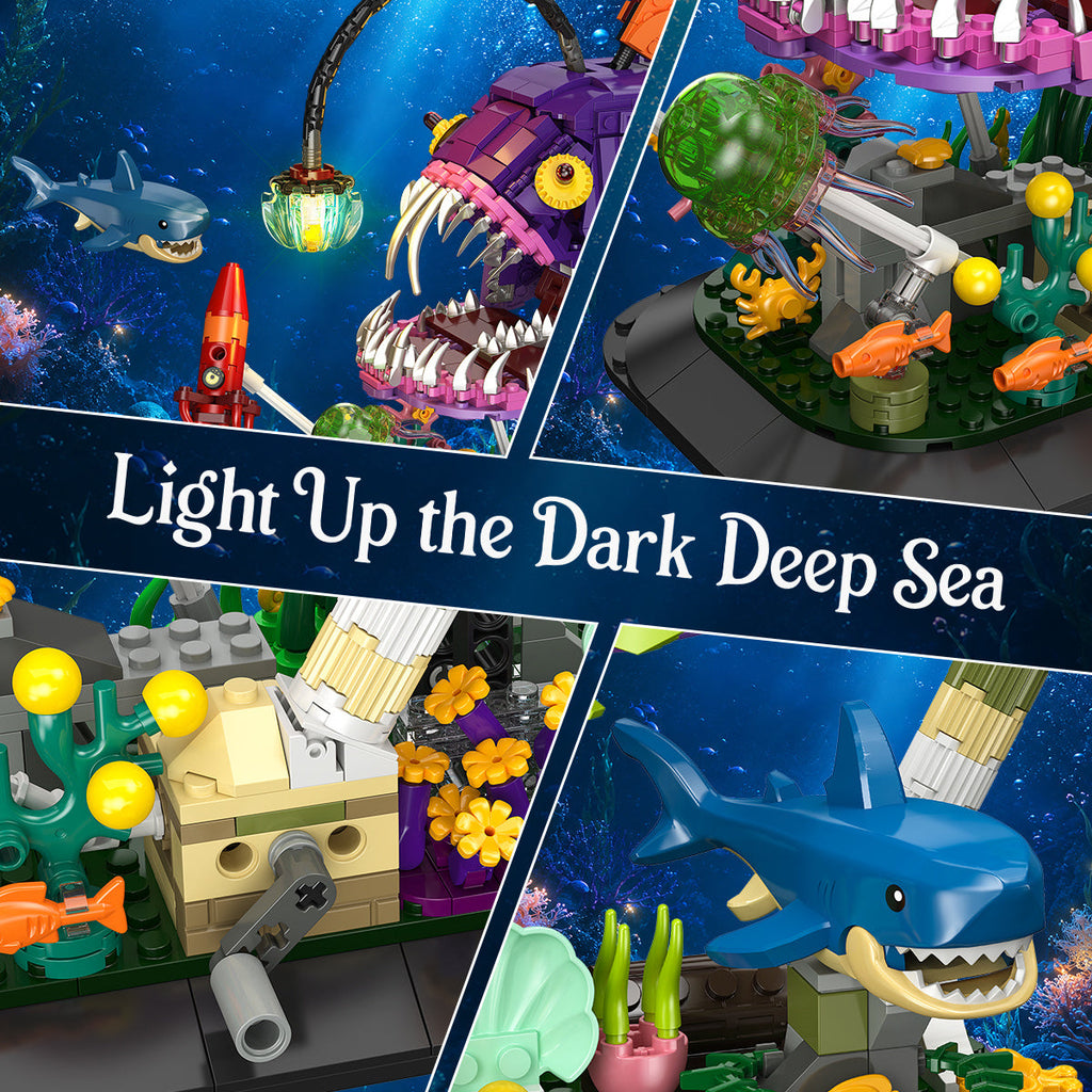 1145-Piece Anglerfish Building Blocks Set ABS Movable Mechanical Deep Sea Monster with Seabed Diorama Adjustable Jaw Spinning Jellyfish for Adult Display & Birthday Christmas Gift – Purple
