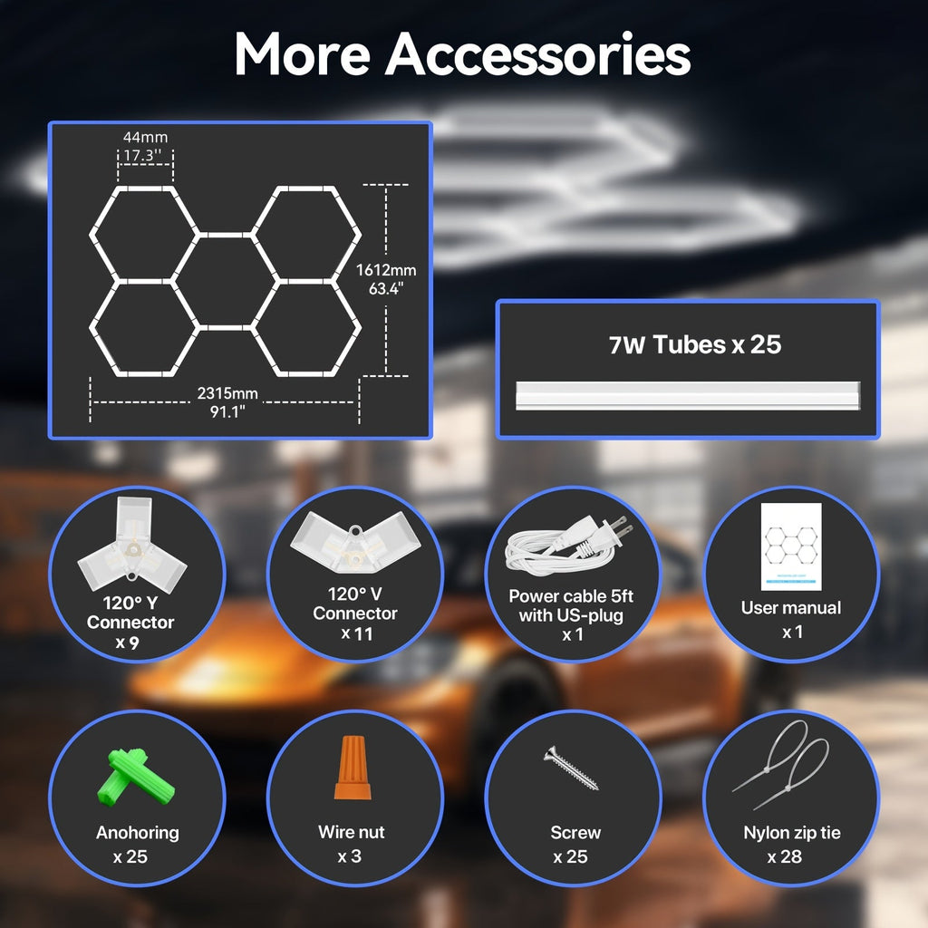 Hexagonal LED Garage Lights - 6500K Daylight White, Snap-On Install, V0 Flame-Retardant, Linkable for Garage, Workshop, Gym & Exhibition Hall - 2 to 22 Grid & HEX Configurations