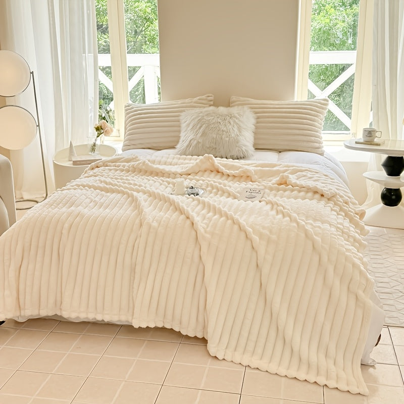 Flannel Striped Faux Rabbit Fur Throw Blanket - Soft, Warm & Cozy - Sofa, Office, Camping & All-Season - 6 Sizes - Off White, Khaki, Gray, Blue, Pink & Matcha Green