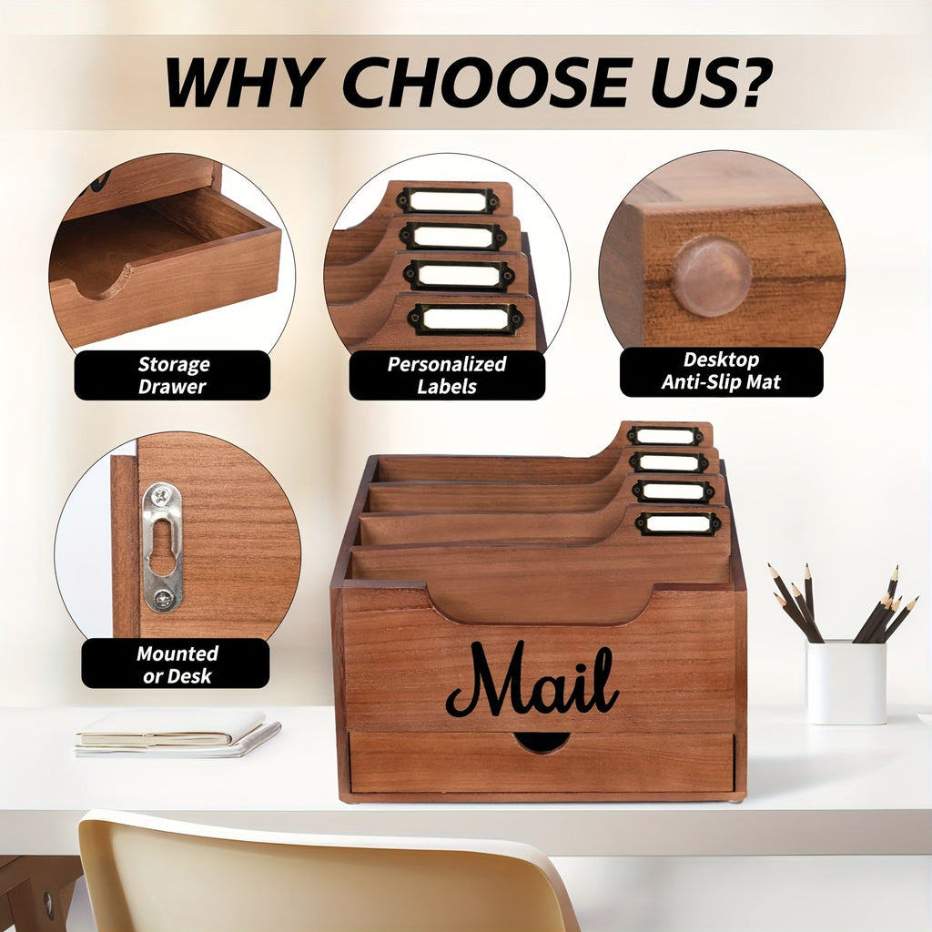 Large Solid Wood Desktop Mail Organizer with Drawer and 4 Compartments, Labelable Dividers for Files, Letters, and Paper Folders, Desk Organizer for Home Office, Students, and Professionals