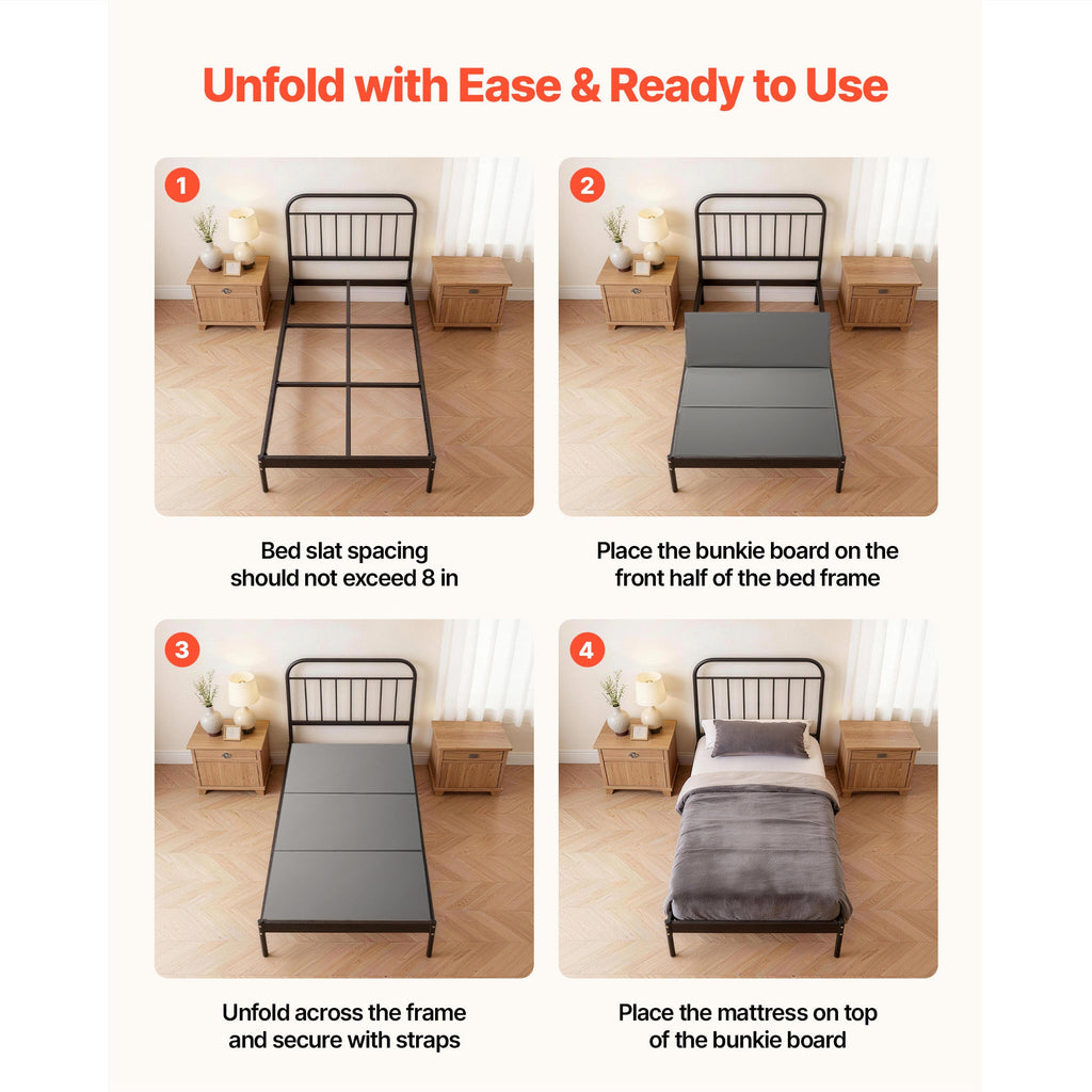 Foldable Bunkie Board Twin Size 75"x37.8", PP Core with 600D Oxford Fabric, 0.4" Slim Profile, Anti-Sag Mattress Support, Non-Slip with Hook & Loop Straps, for Metal Frames Bunk Beds Sleeper Sofas, Gray