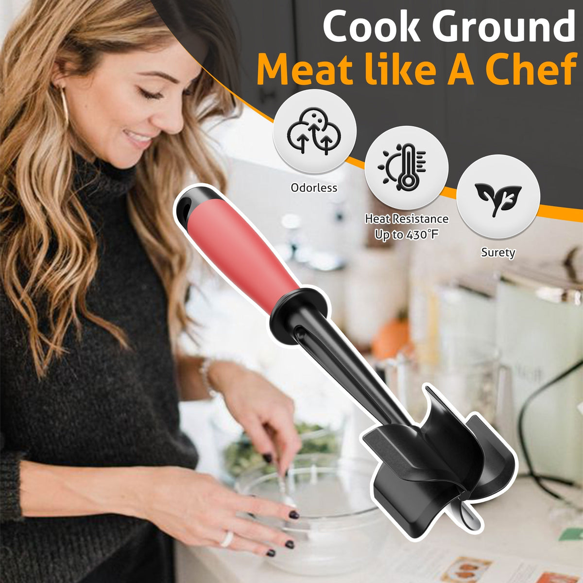 Meat Chopper with 5 Curved Blades - Heat Resistant Non-Stick Ground Beef Masher & Hamburger Smasher - Mix & Chop Kitchen Tool - Blue Black, Reddish Black & Black