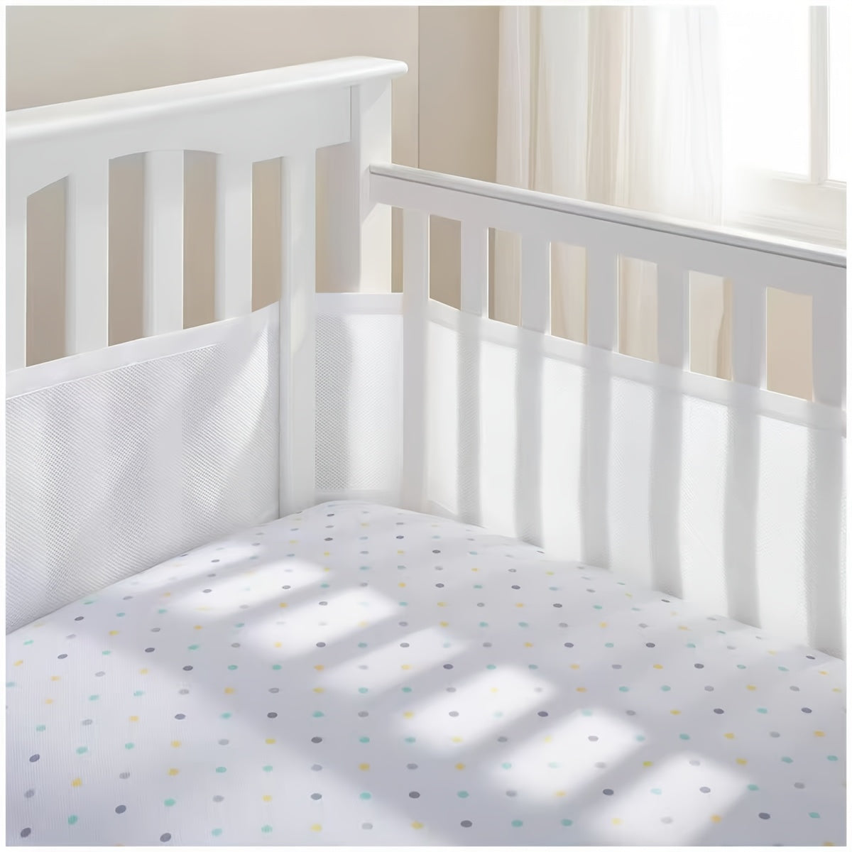 Breathable Crib Mesh Liner, 3mm Single-Layer Breathable Mesh Crib Bumper Liner that Protects Baby Legs & Arms, Fits 3- or 4-Sided Full-Size Cribs, Safe & Compliant, White Grey & Sakura Pink