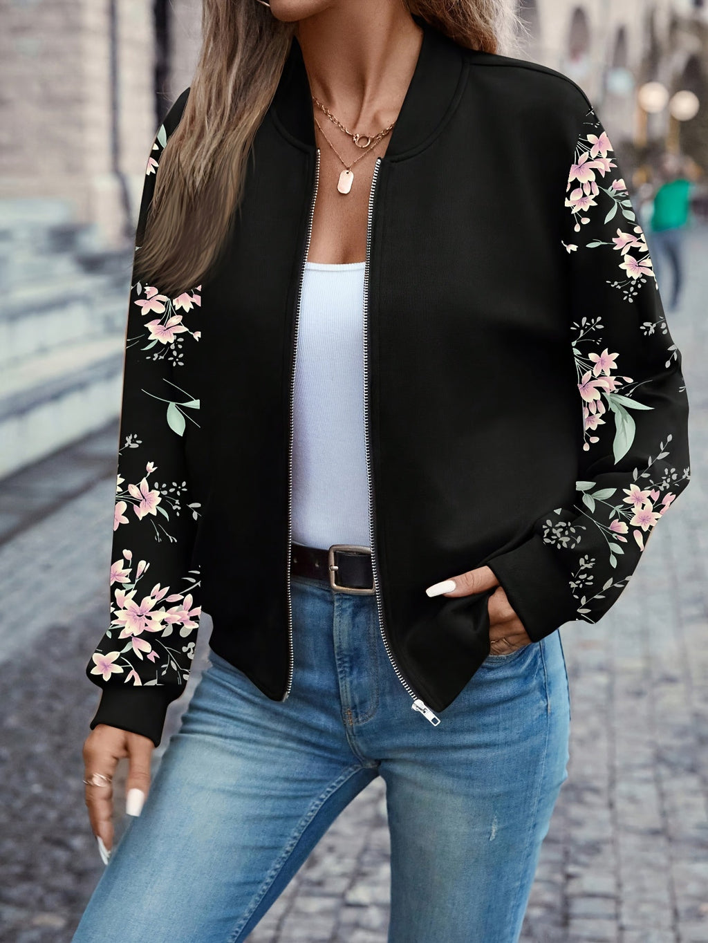 Women's Floral Print Zip-Up Baseball Collar Long Sleeve Lightweight Casual Jacket, Black, S-XXL